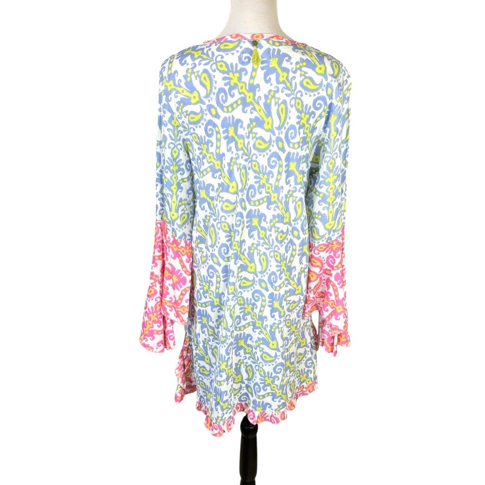 Z&L Pink Blue Ornamental Paisley Colorful Bell Sleeve Coverup Tunic Mini Dress - Picture 2 of 13